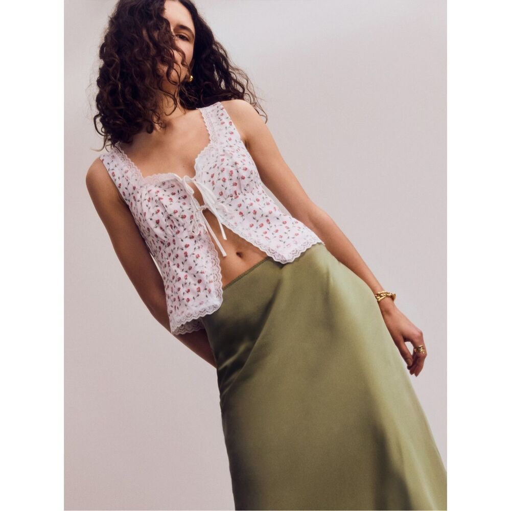 Reformation White Floral Lace Tie-Front Crop Top